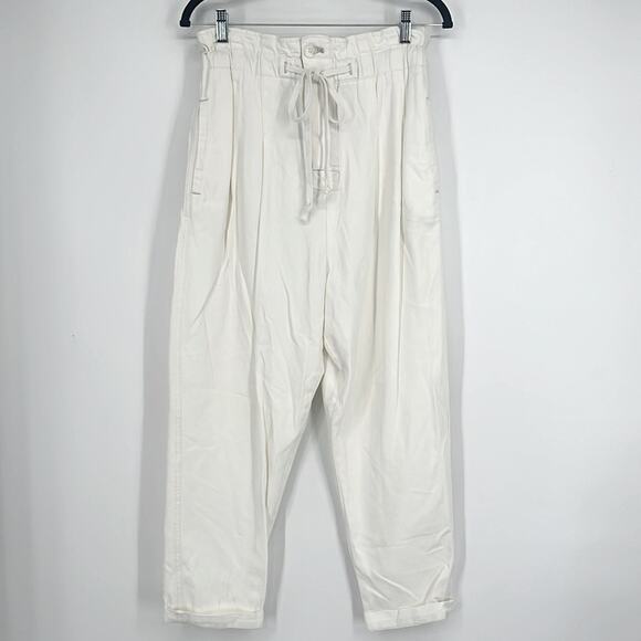 Free People Margate Pleated Trousers Pants White Small Paper Bag High Rise Ankle - Picture 5 of 15